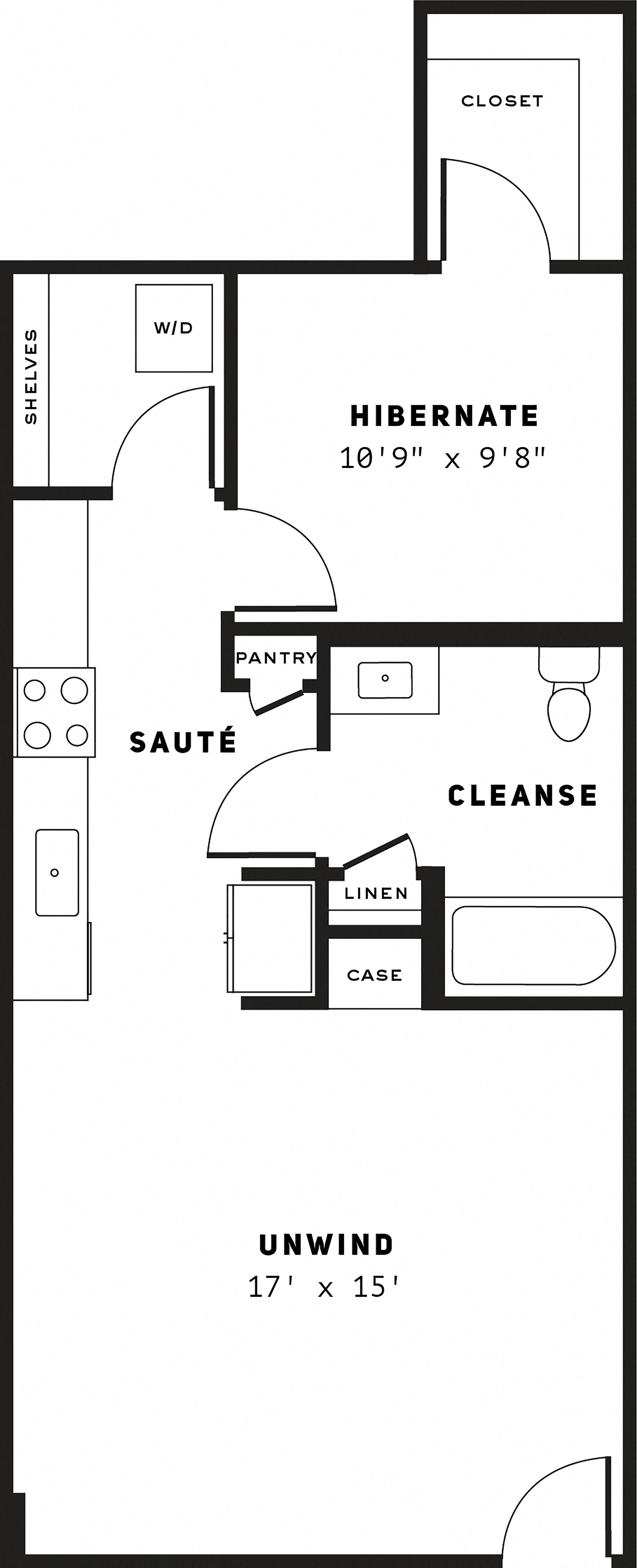 Floor plan for 1 bed, 1 bath, 699 sqft